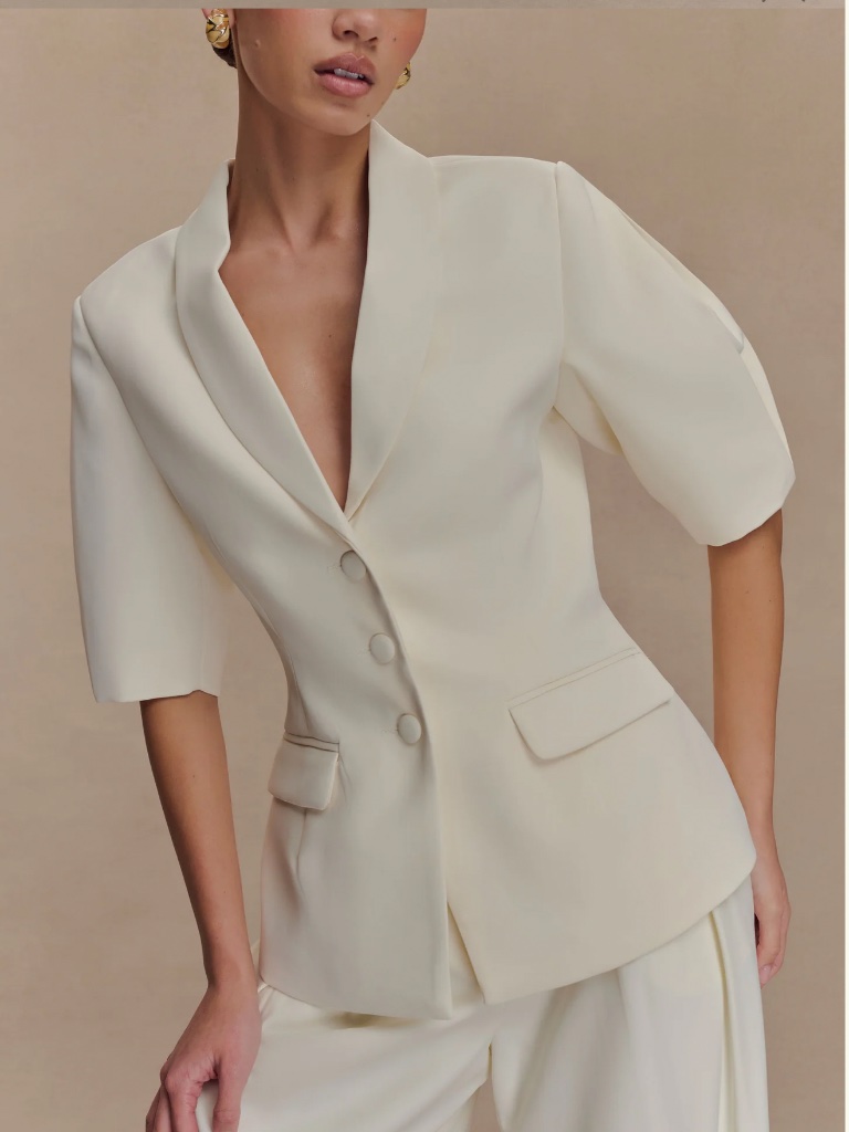 White Cinched Waist Blazer - Meshki